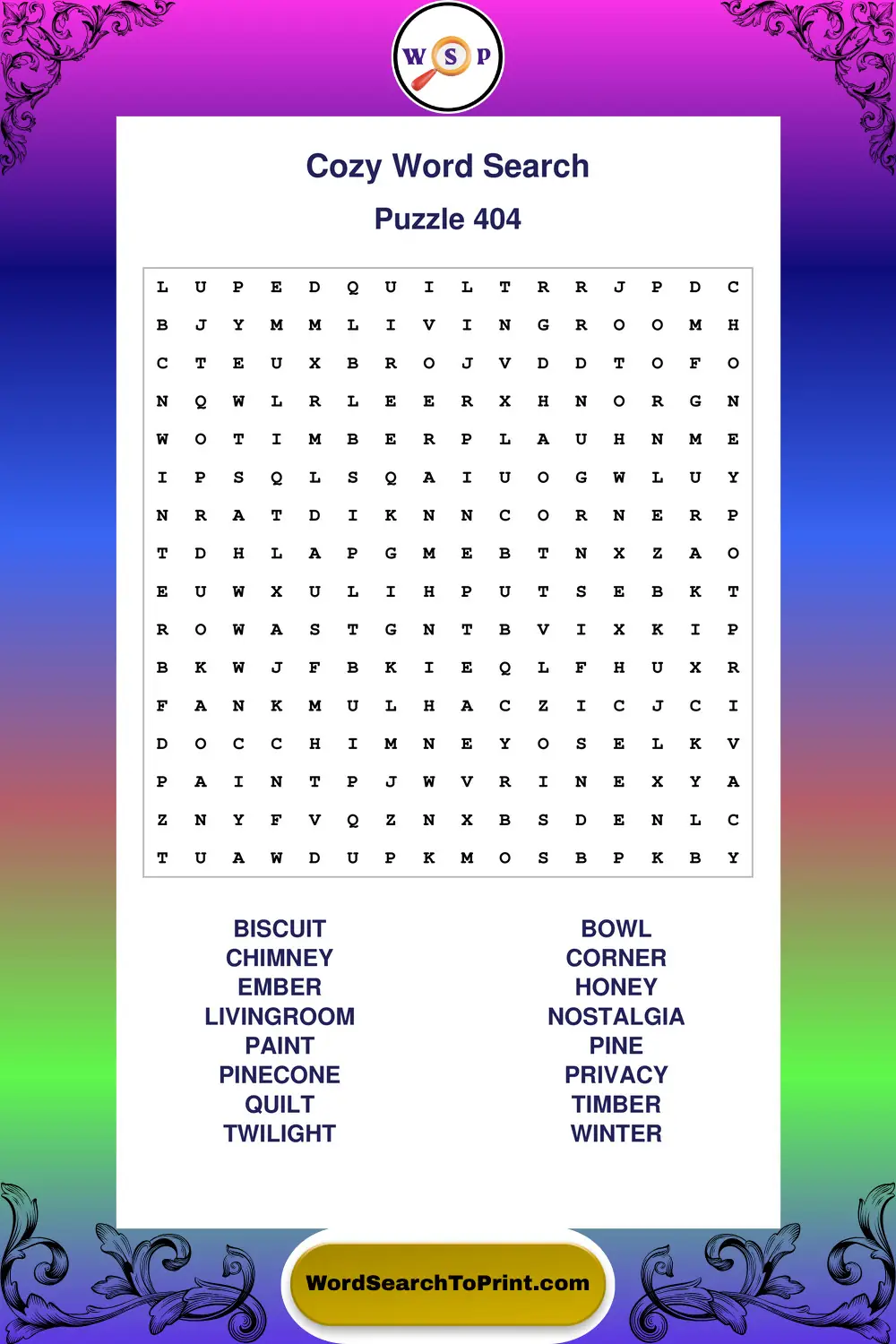 Cozy Word Search Puzzle 404