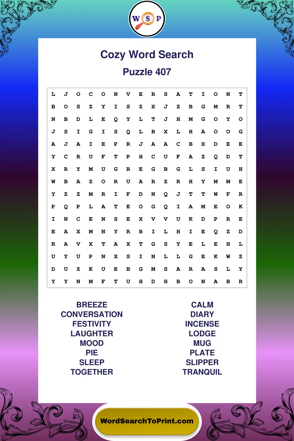 Cozy Word Search Puzzle 407