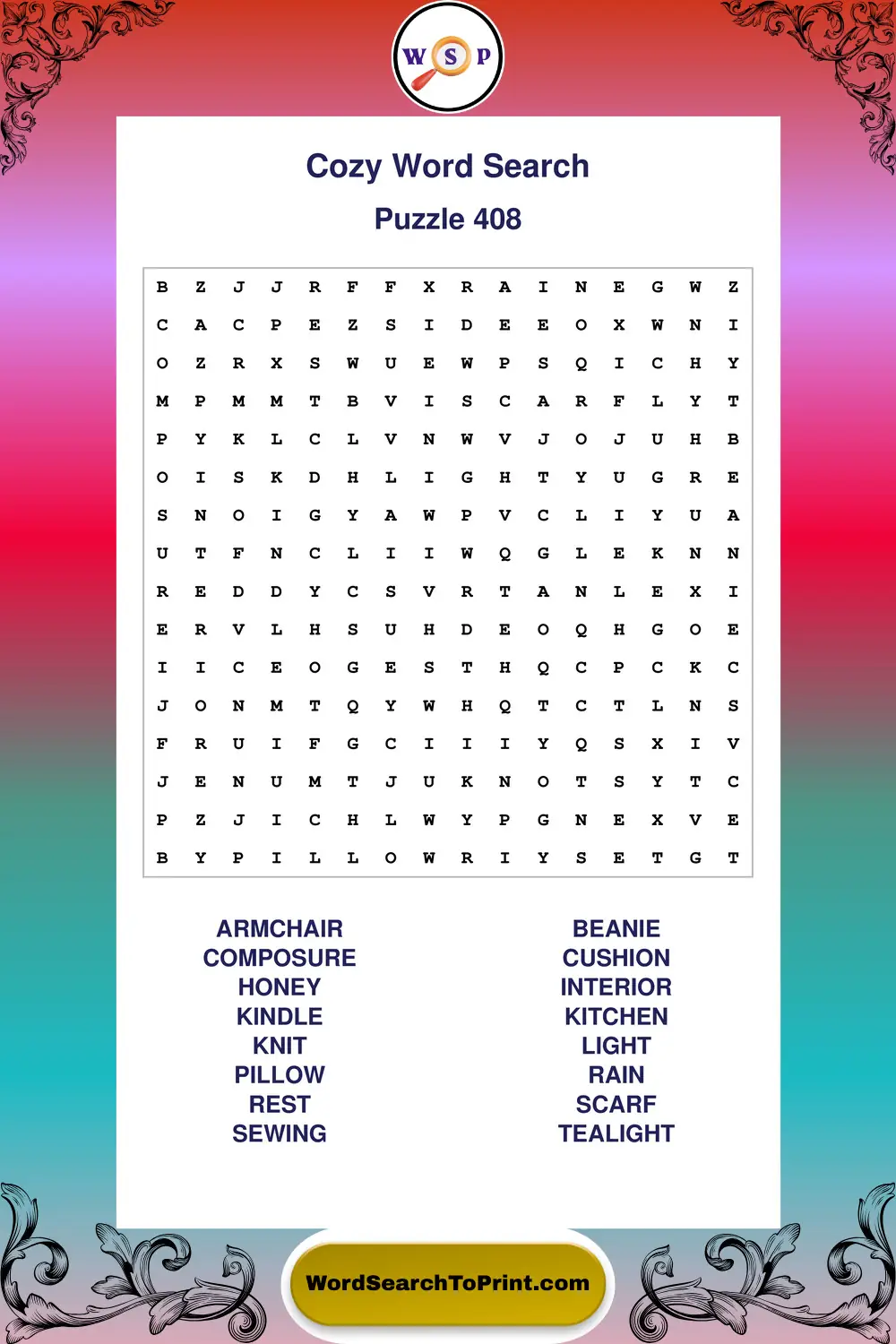 Cozy Word Search Puzzle 408