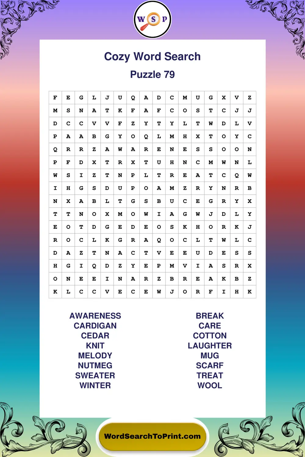 Cozy Word Search Puzzle 79