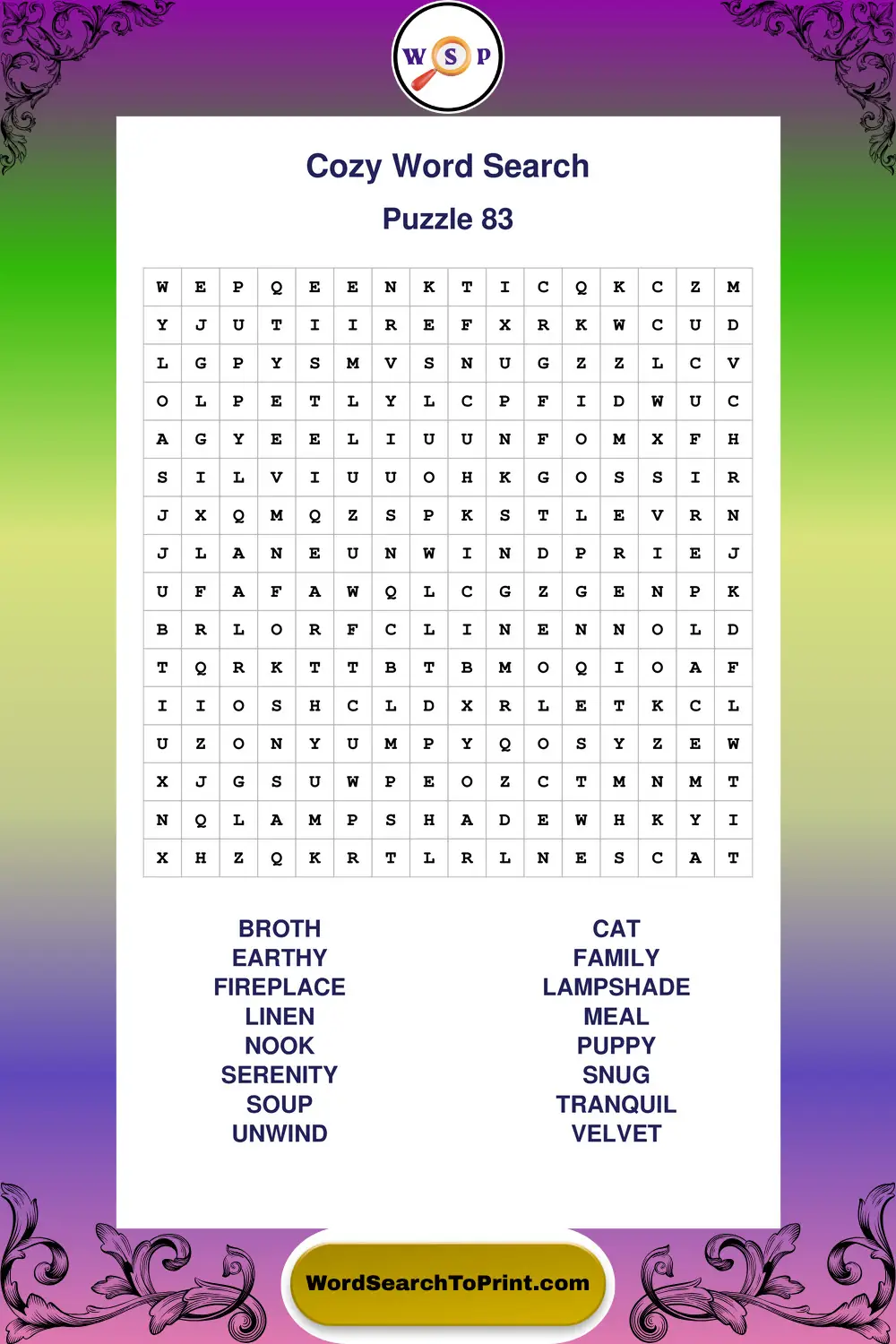 Cozy Word Search Puzzle 83