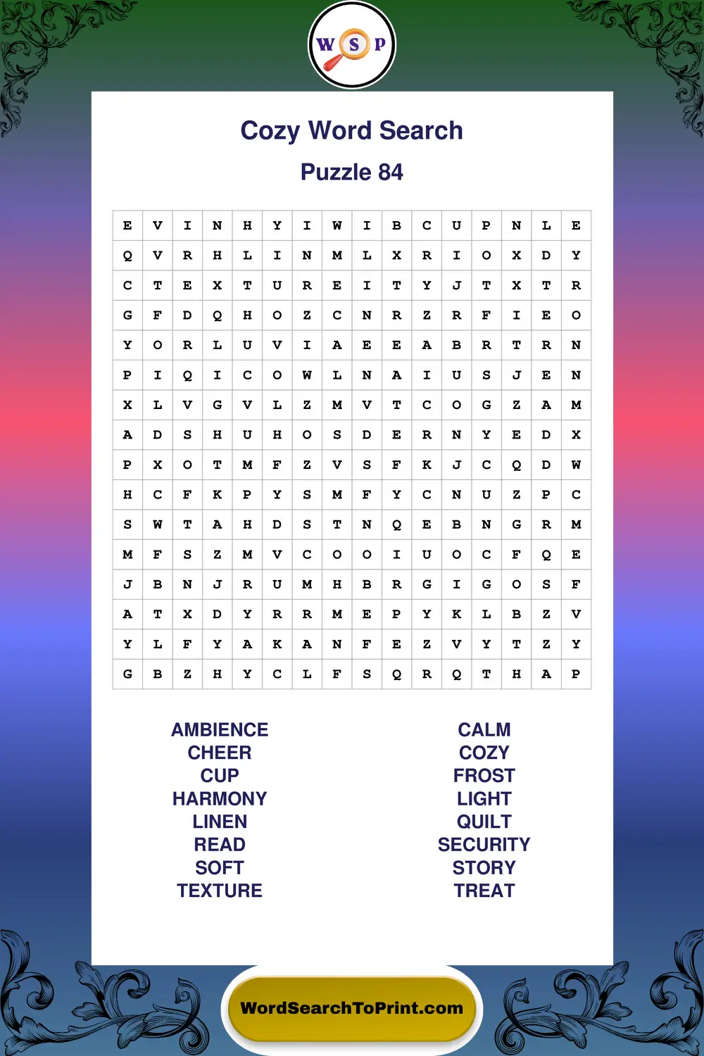 Cozy Word Search Puzzle 84