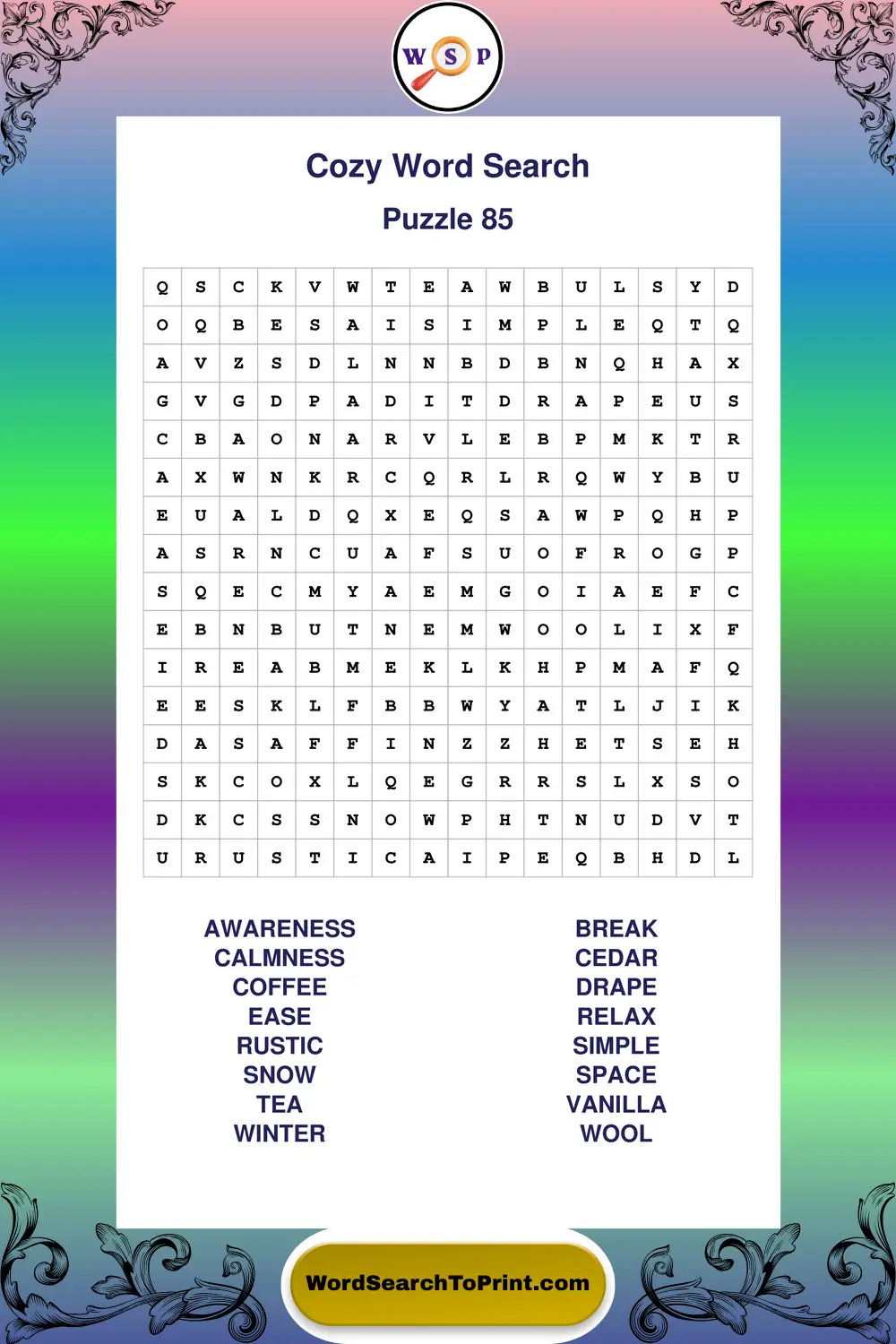 Cozy Word Search Puzzle 85