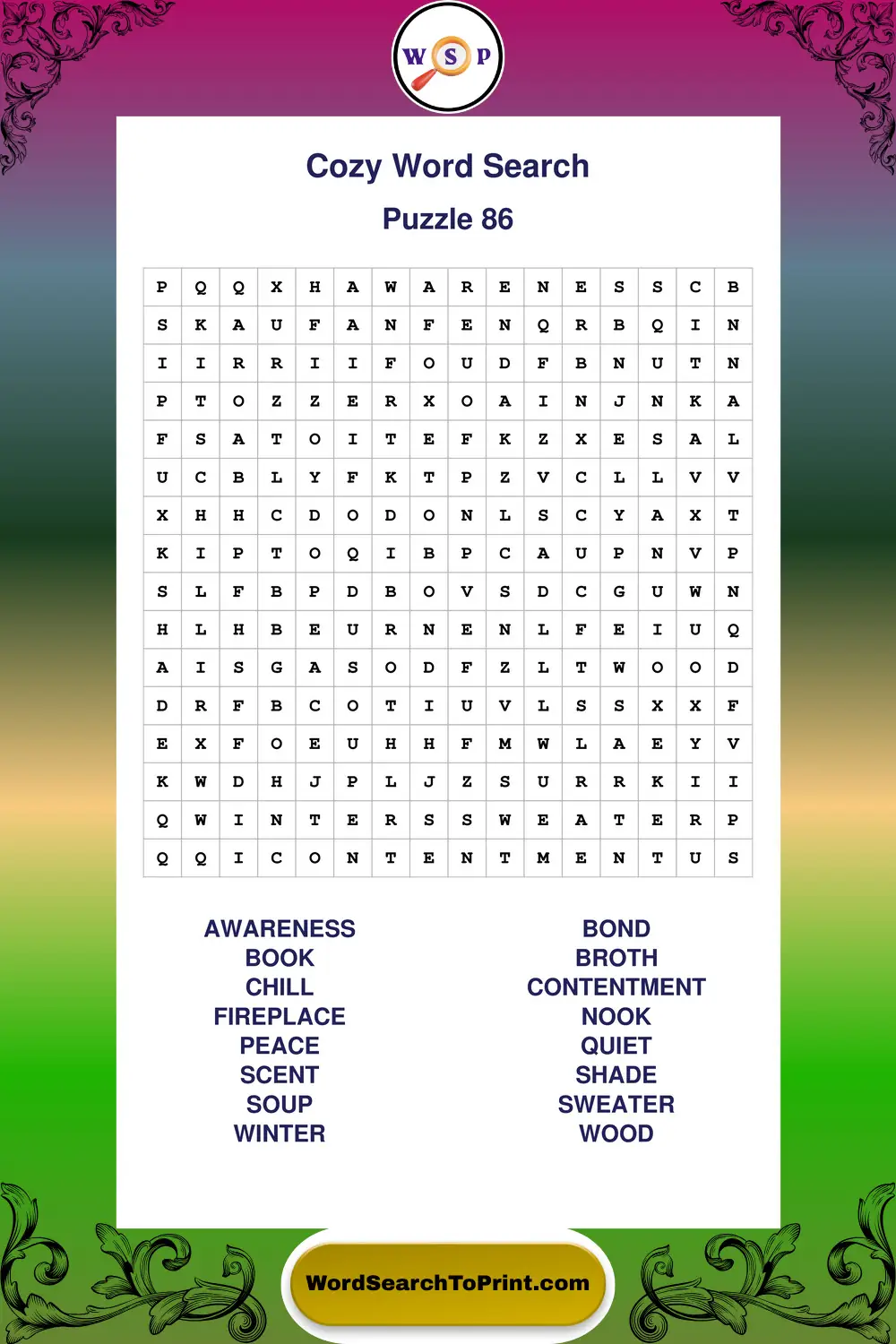 Cozy Word Search Puzzle 86