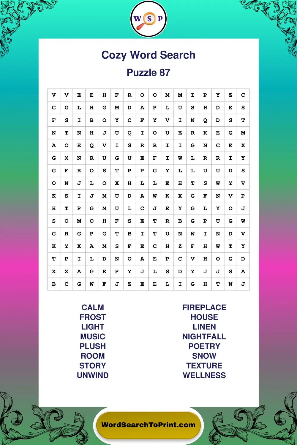 Cozy Word Search Puzzle 87