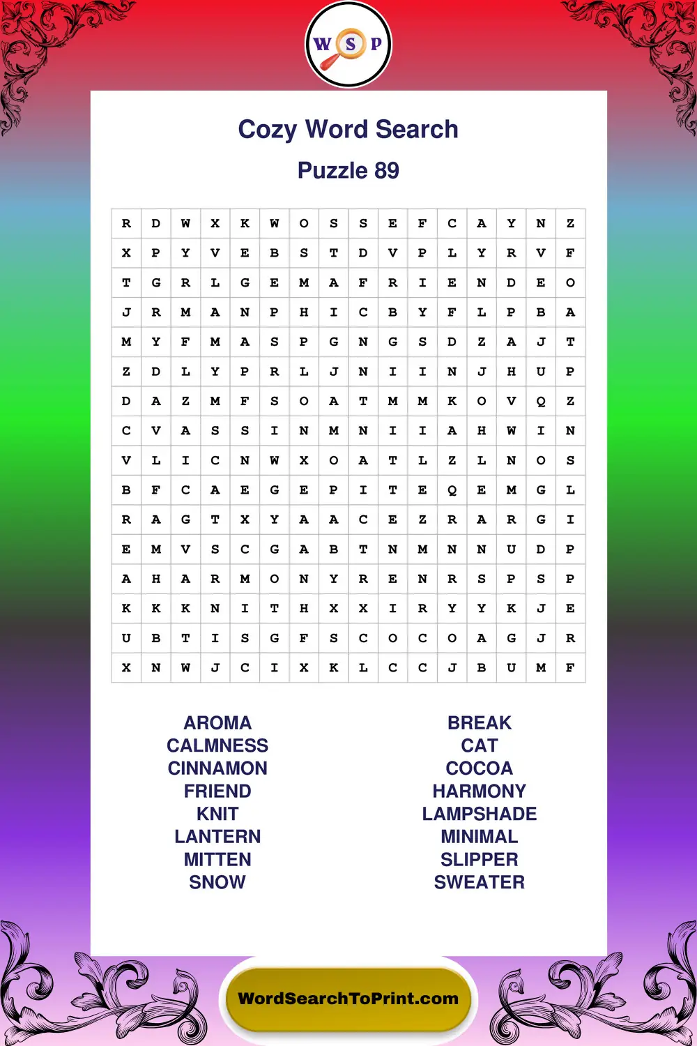 Cozy Word Search Puzzle 89