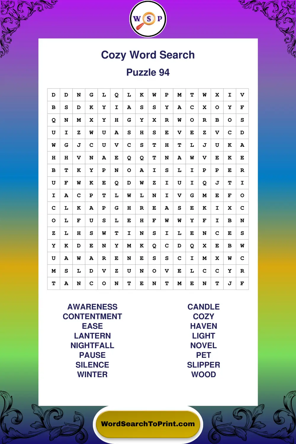 Cozy Word Search Puzzle 94