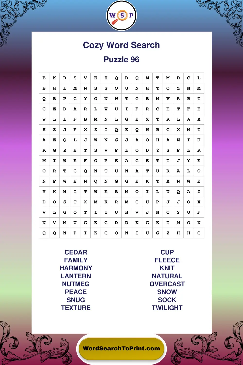 Cozy Word Search Puzzle 96