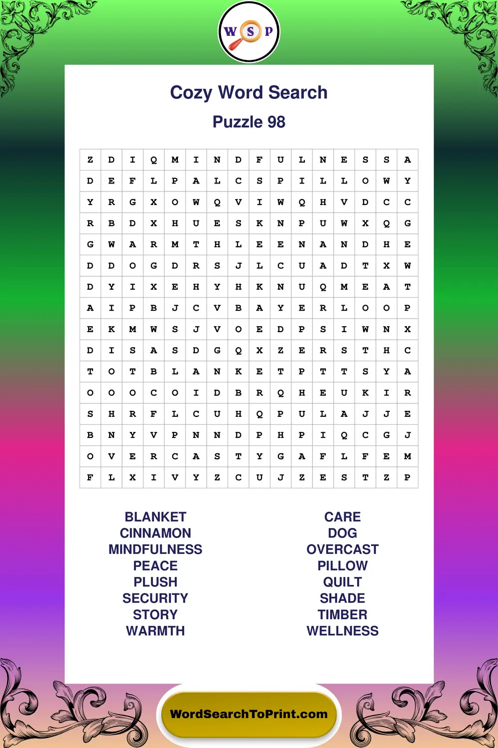 Cozy Word Search Puzzle 98
