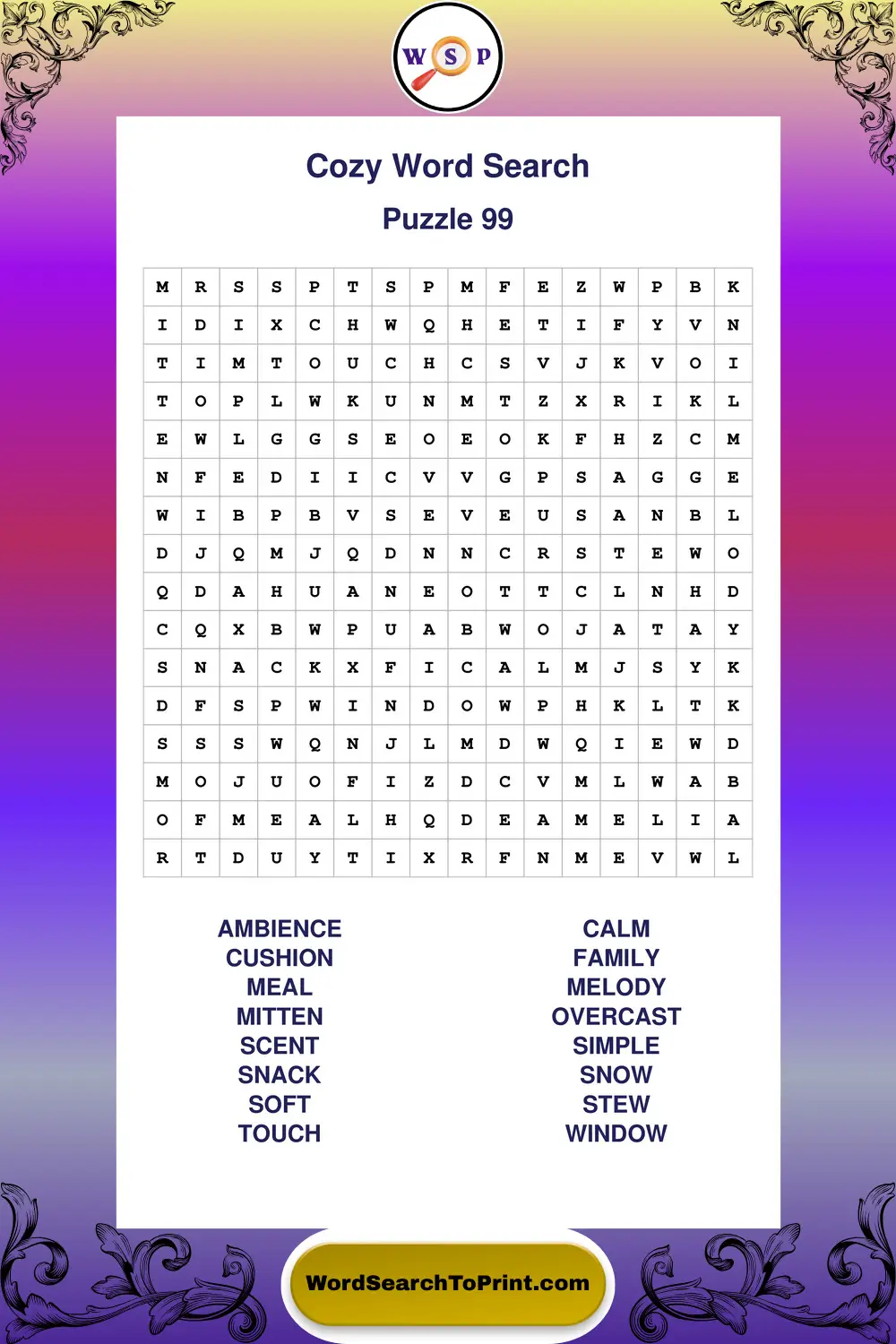 Cozy Word Search Puzzle 99