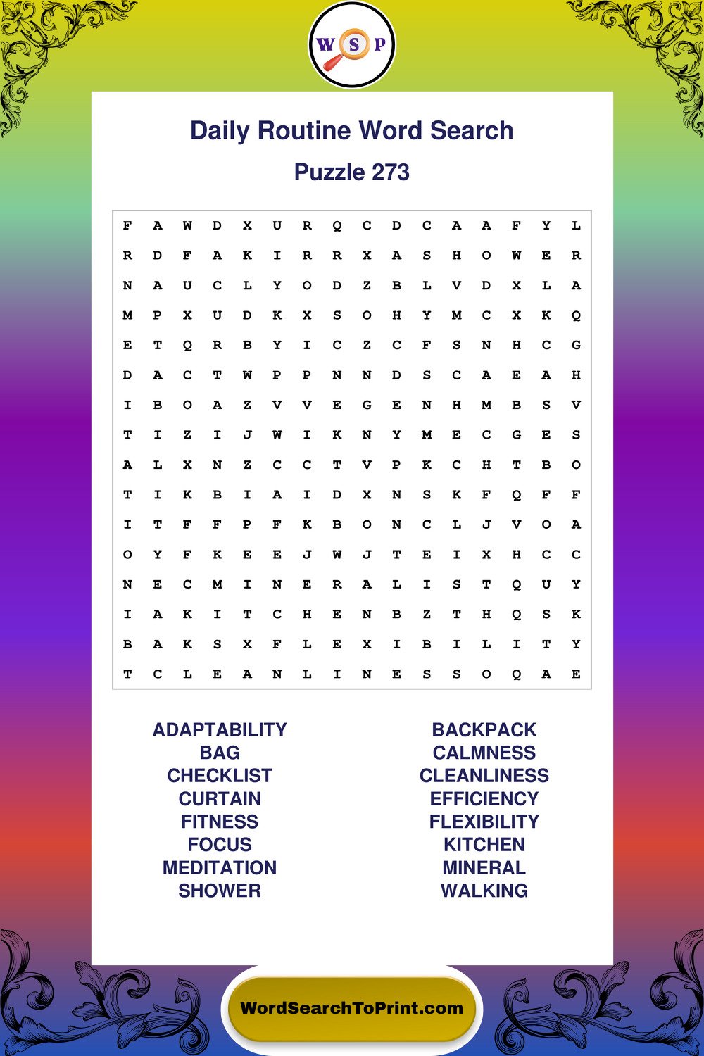 Daily Routine Word Search Puzzle 273