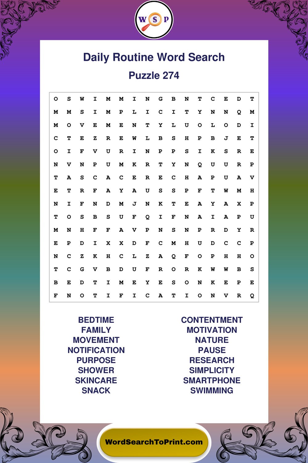 Daily Routine Word Search Puzzle 274