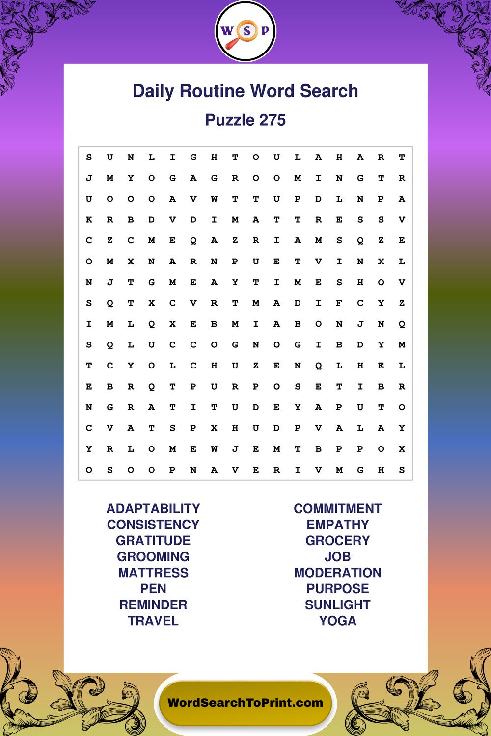 Daily Routine Word Search Puzzle 275