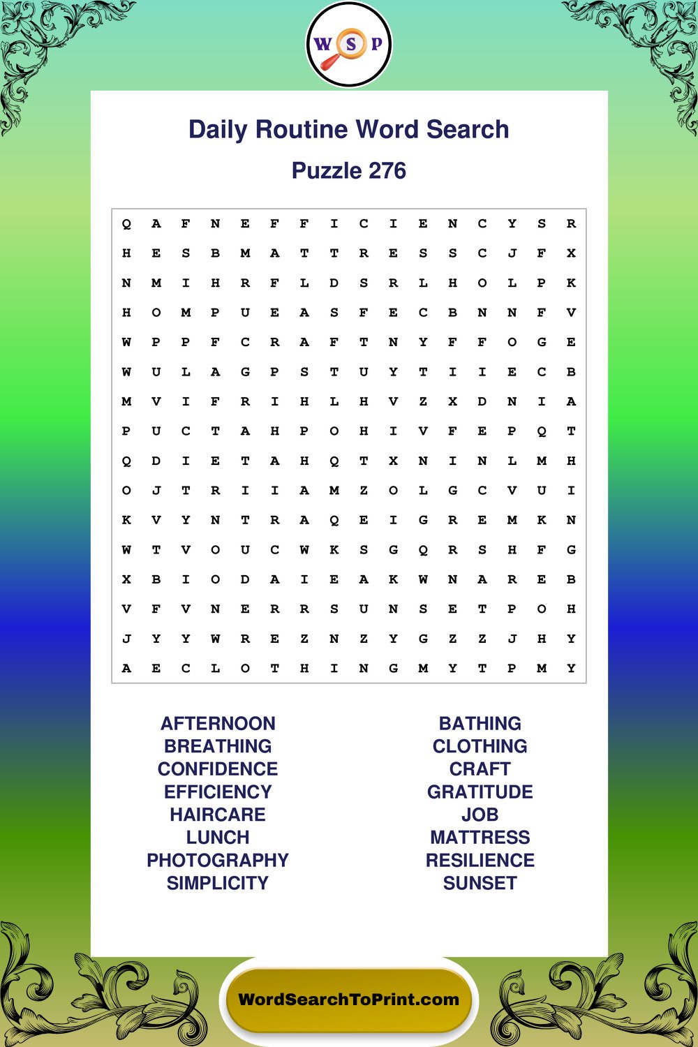 Daily Routine Word Search Puzzle 276