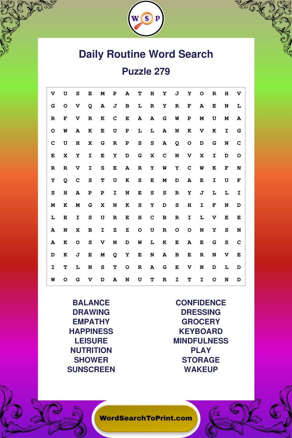 Daily Routine Word Search Puzzle 279