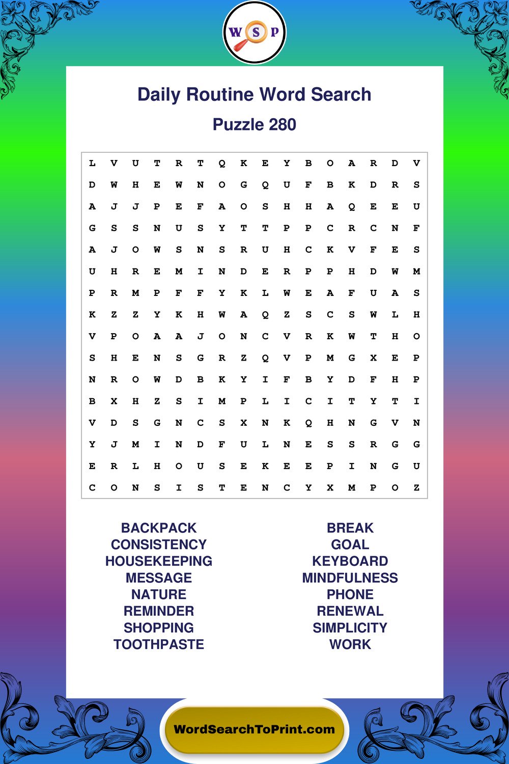 Daily Routine Word Search Puzzle 280