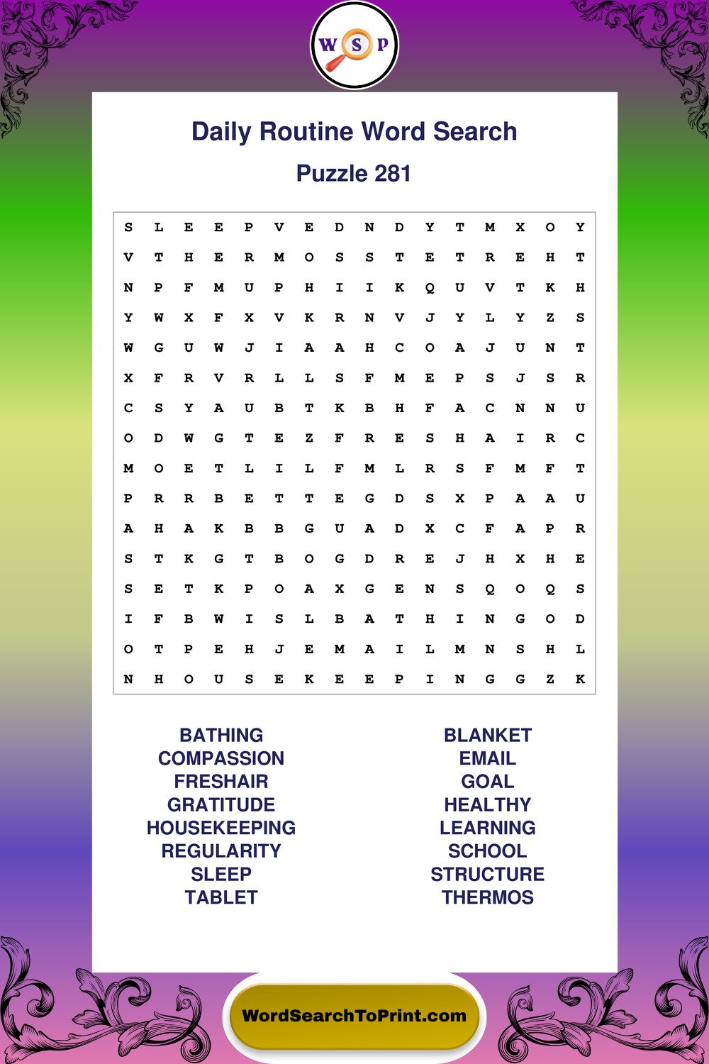 Daily Routine Word Search Puzzle 281