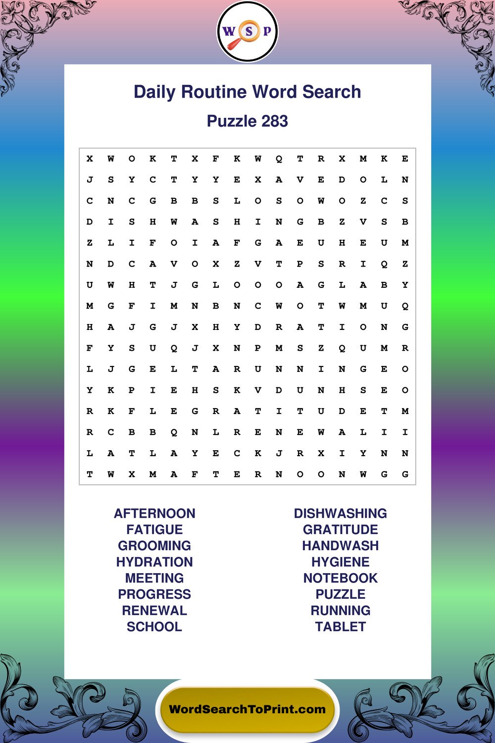 Daily Routine Word Search Puzzle 283