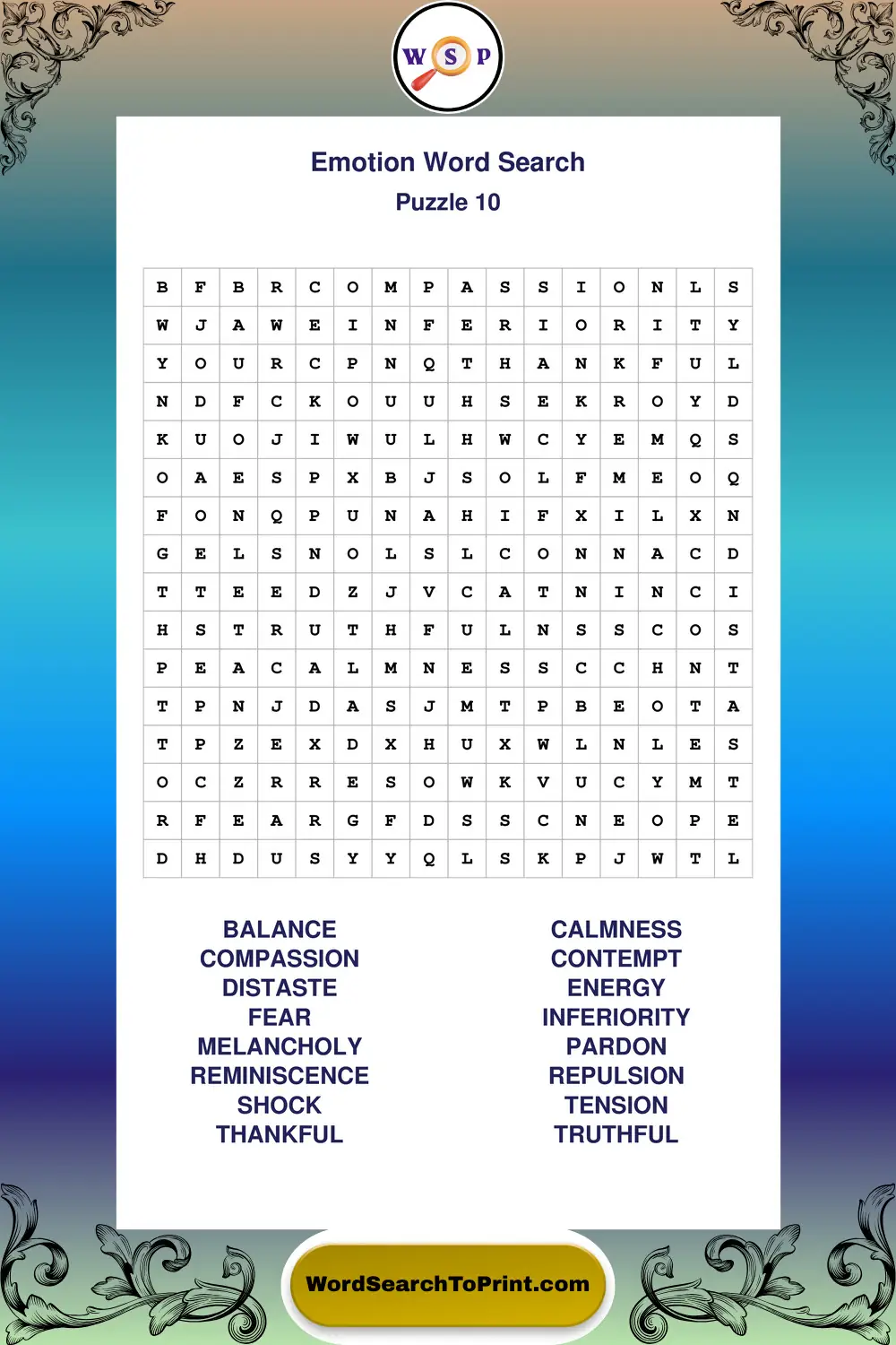 Emotion Word Search Puzzle 10