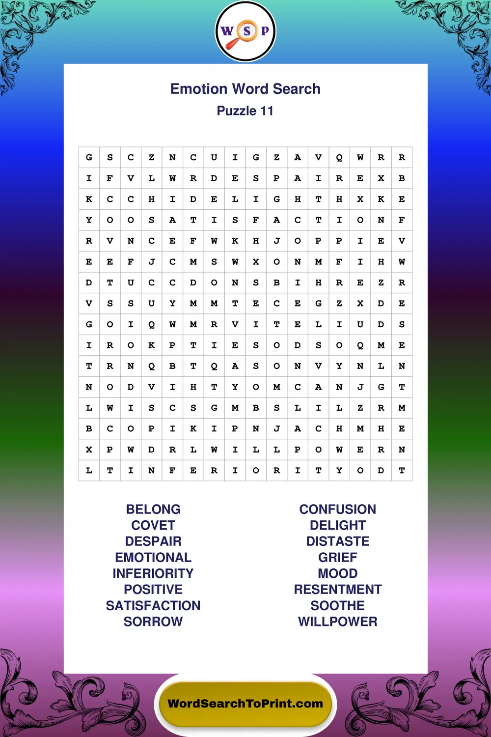 Emotion Word Search Puzzle 11