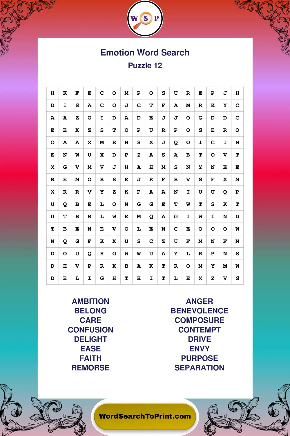 Emotion Word Search Puzzle 12