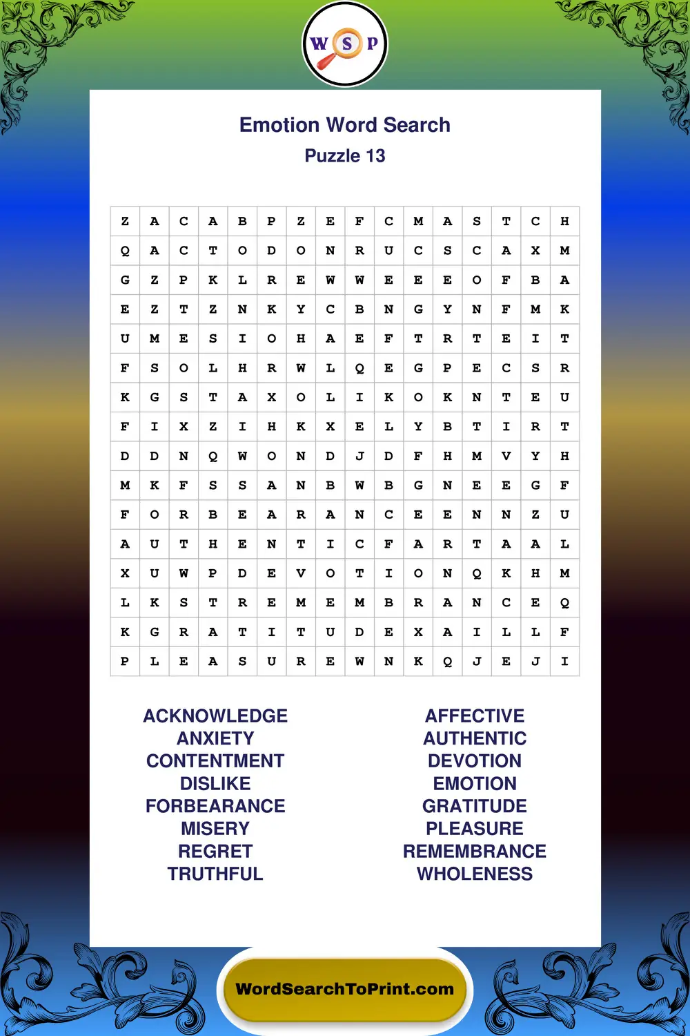 Emotion Word Search Puzzle 13