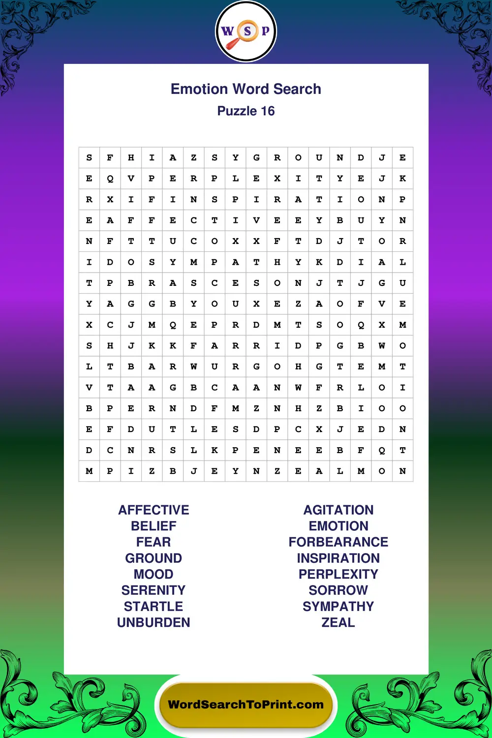 Emotion Word Search Puzzle 16
