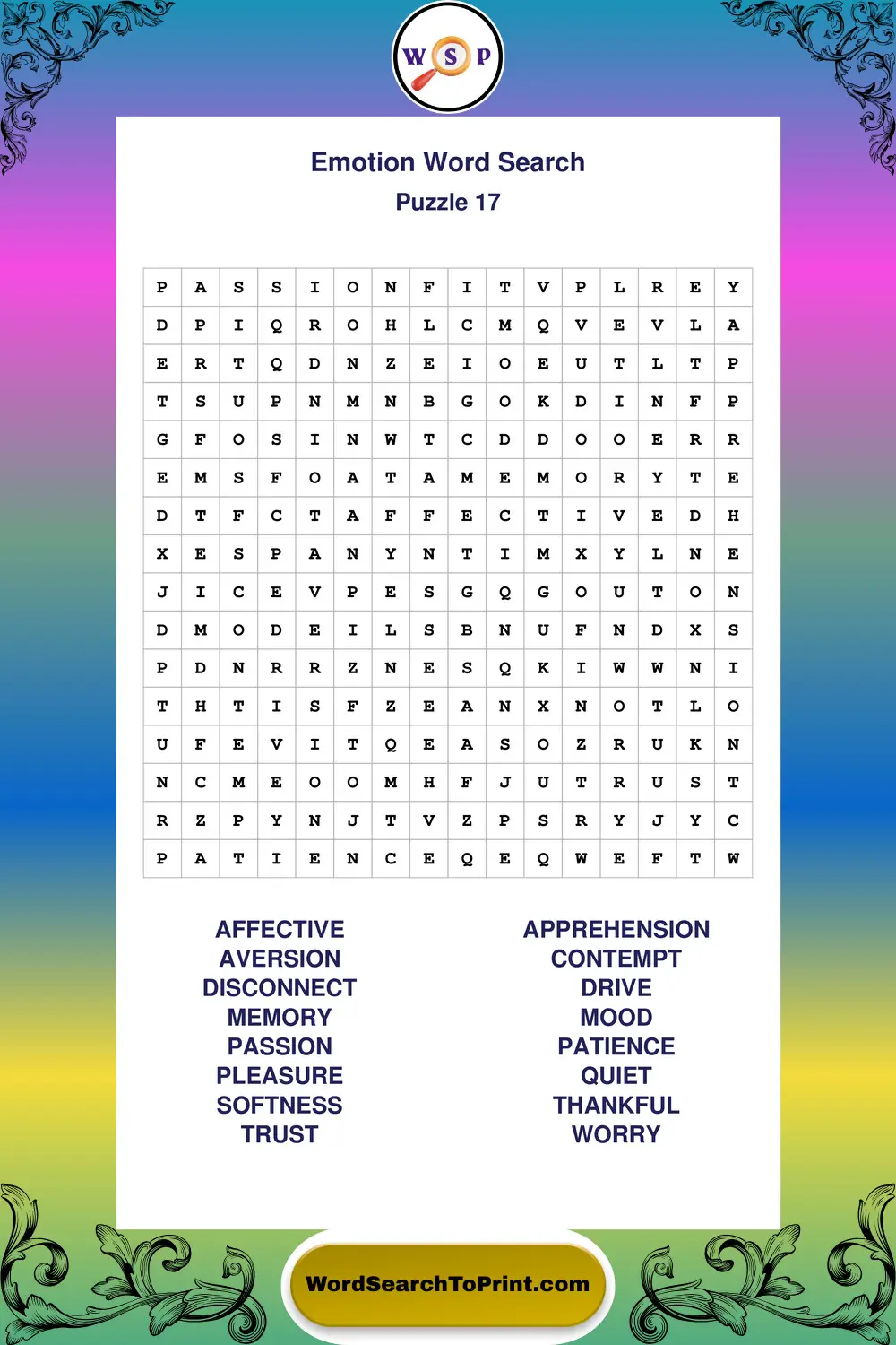 Emotion Word Search Puzzle 17