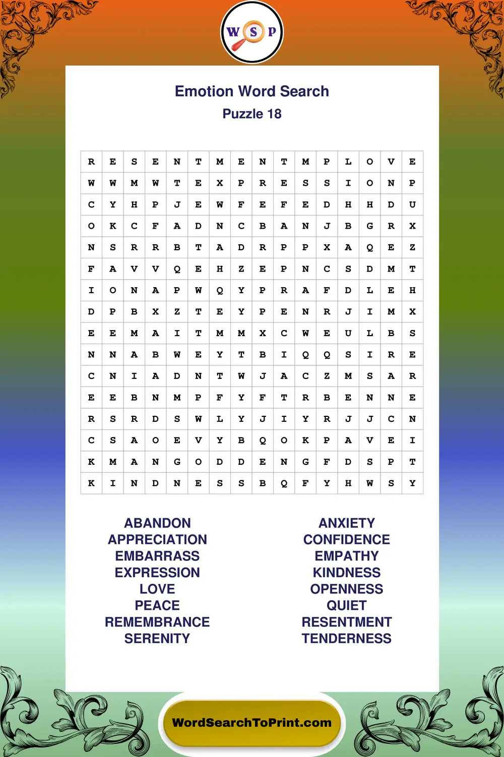 Emotion Word Search Puzzle 18