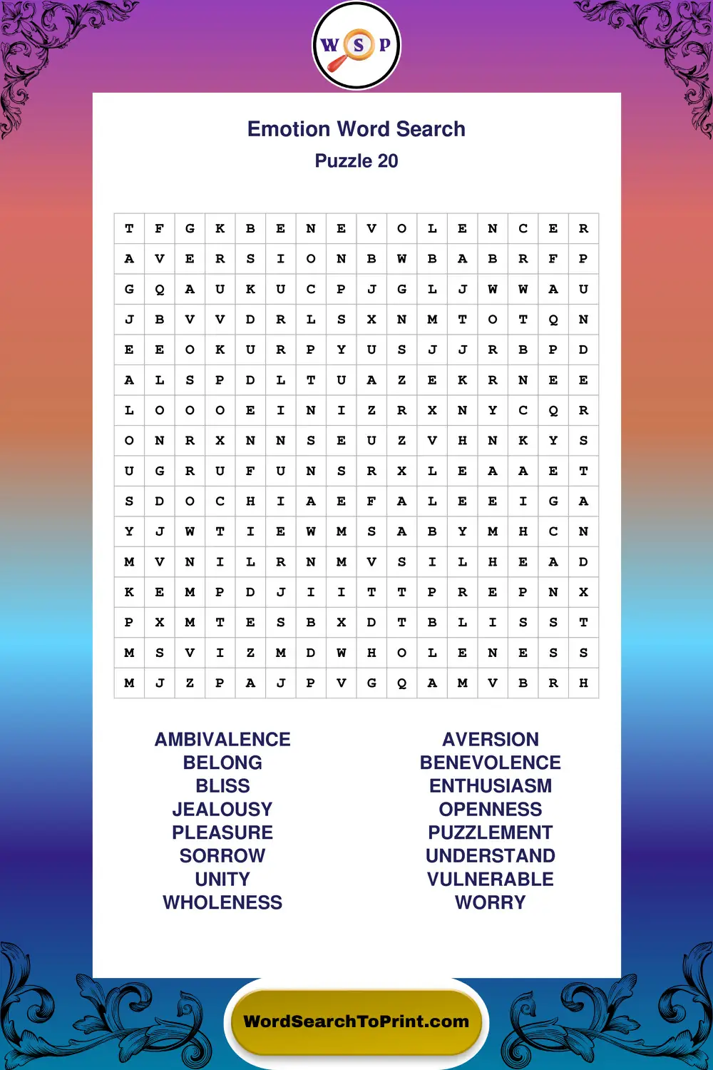 Emotion Word Search Puzzle 20
