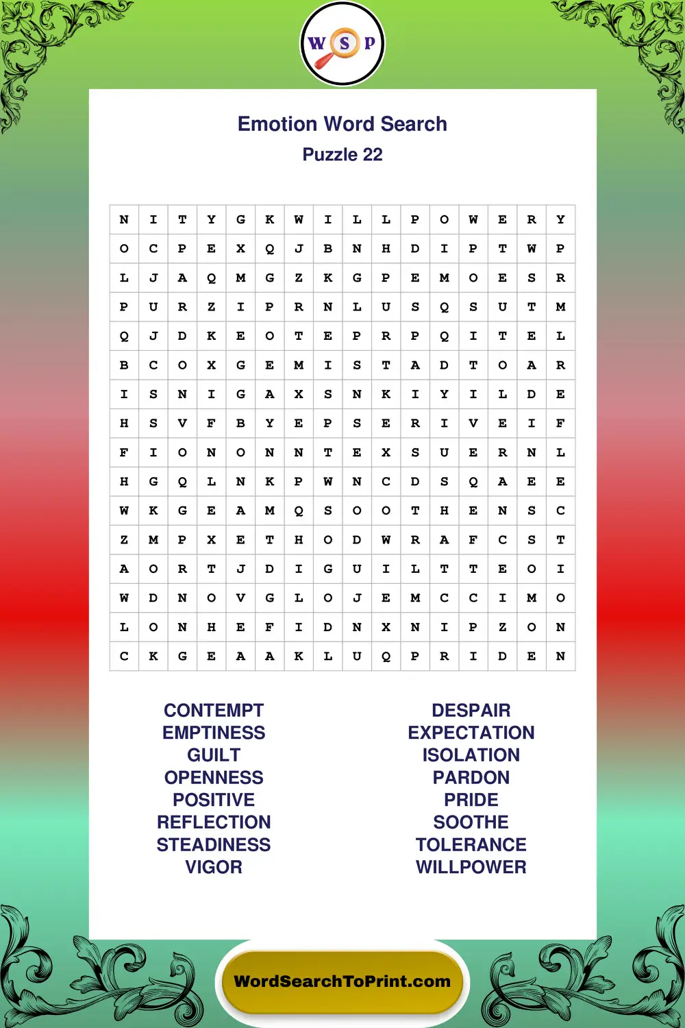 Emotion Word Search Puzzle 22