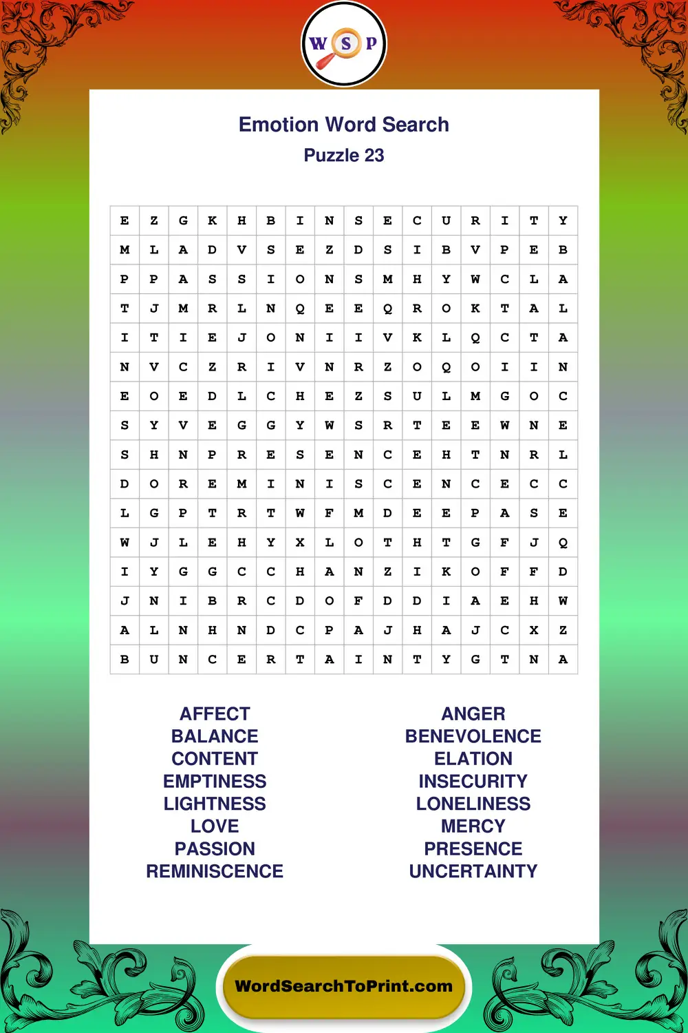 Emotion Word Search Puzzle 23