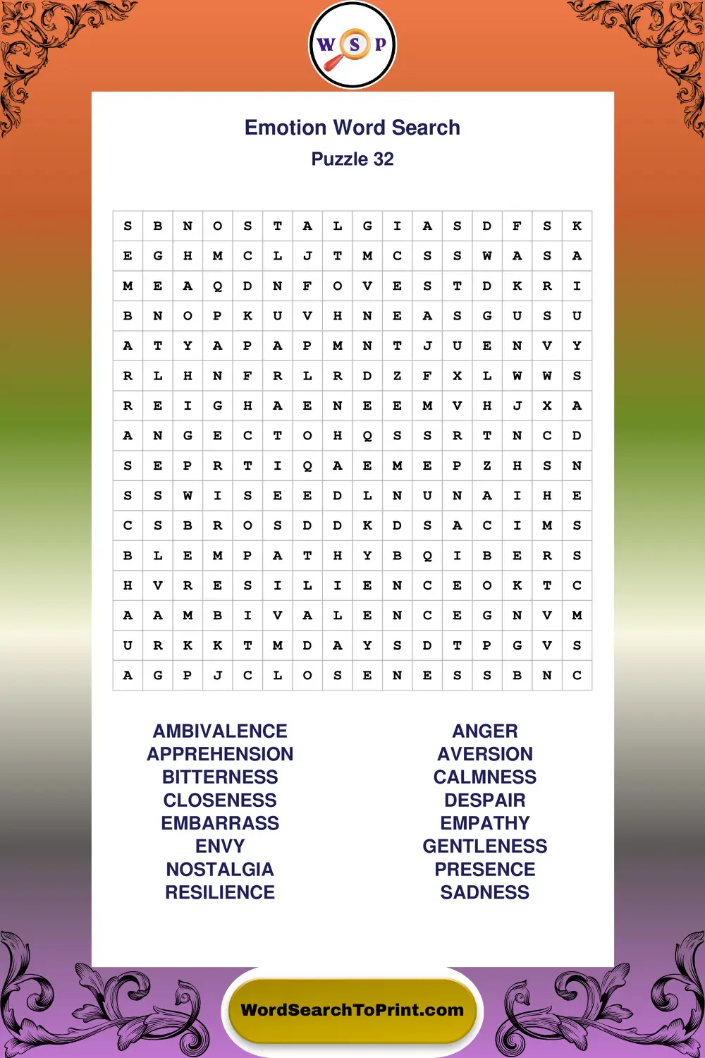 Emotion Word Search Puzzle 32