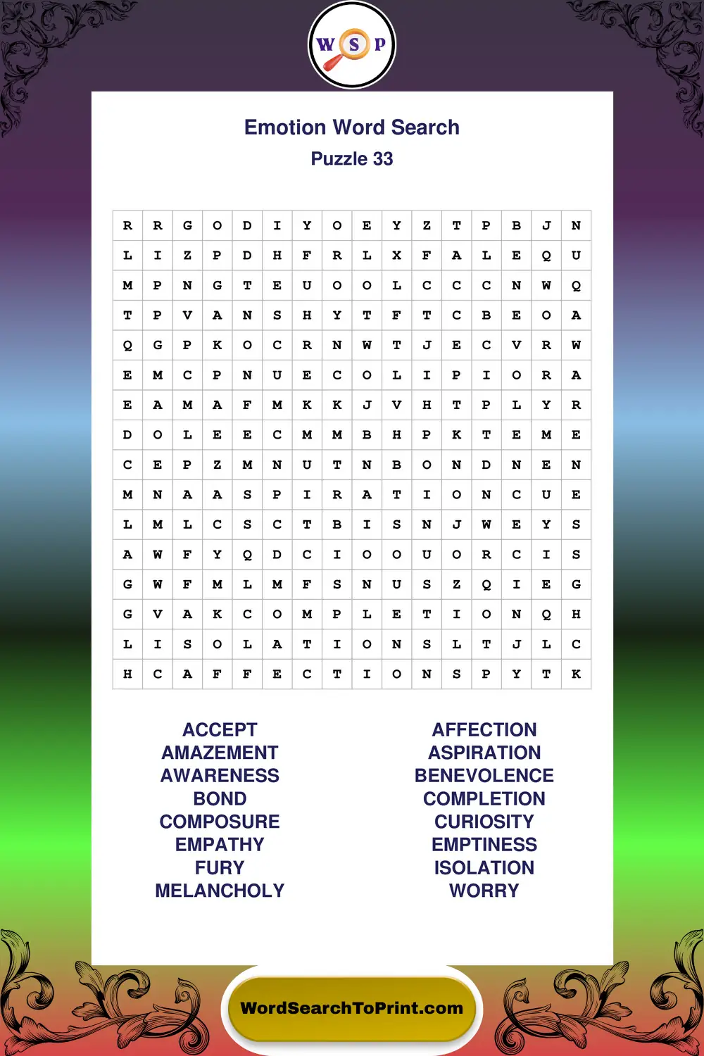 Emotion Word Search Puzzle 33