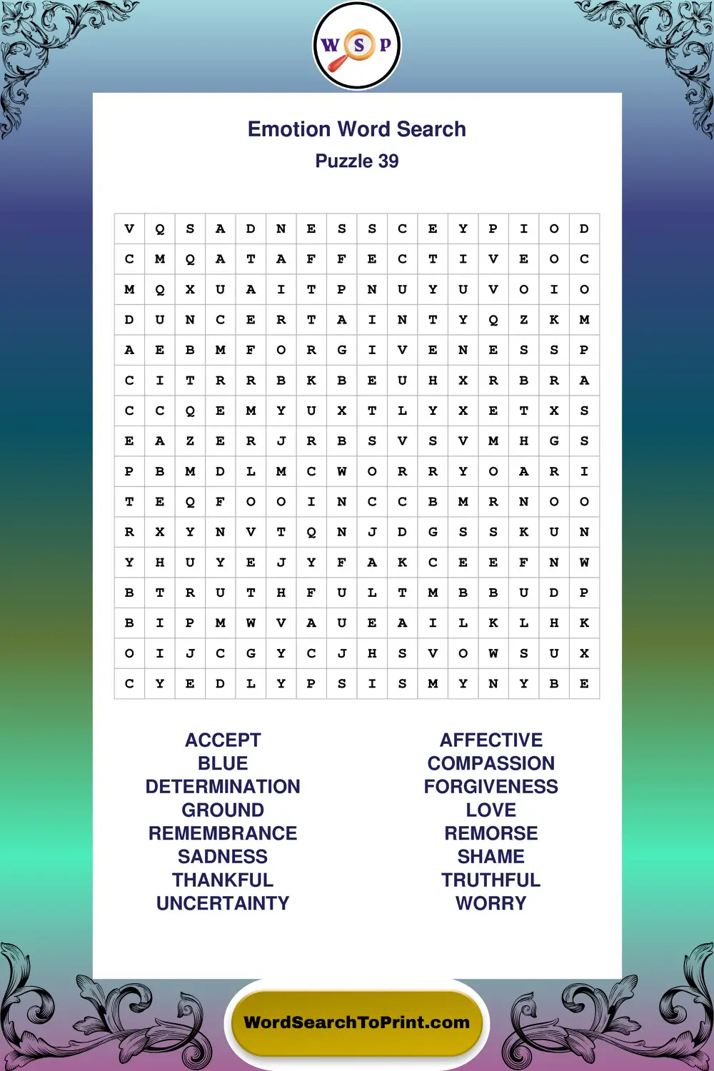 Emotion Word Search Puzzle 39