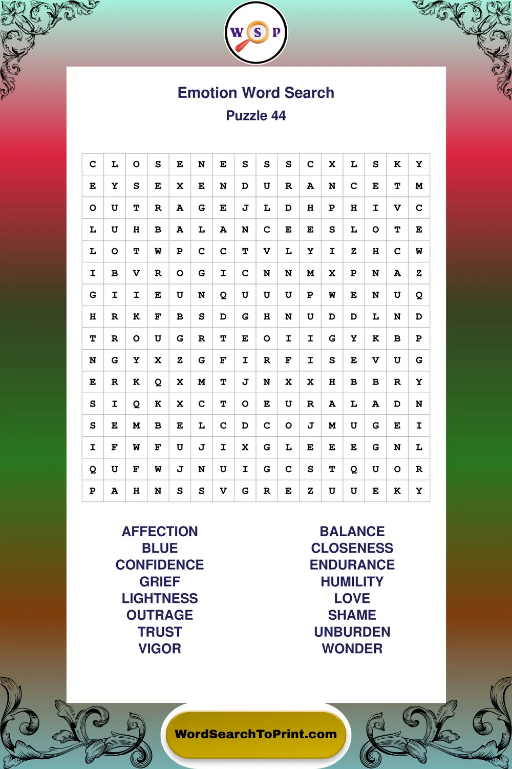 Emotion Word Search Puzzle 44