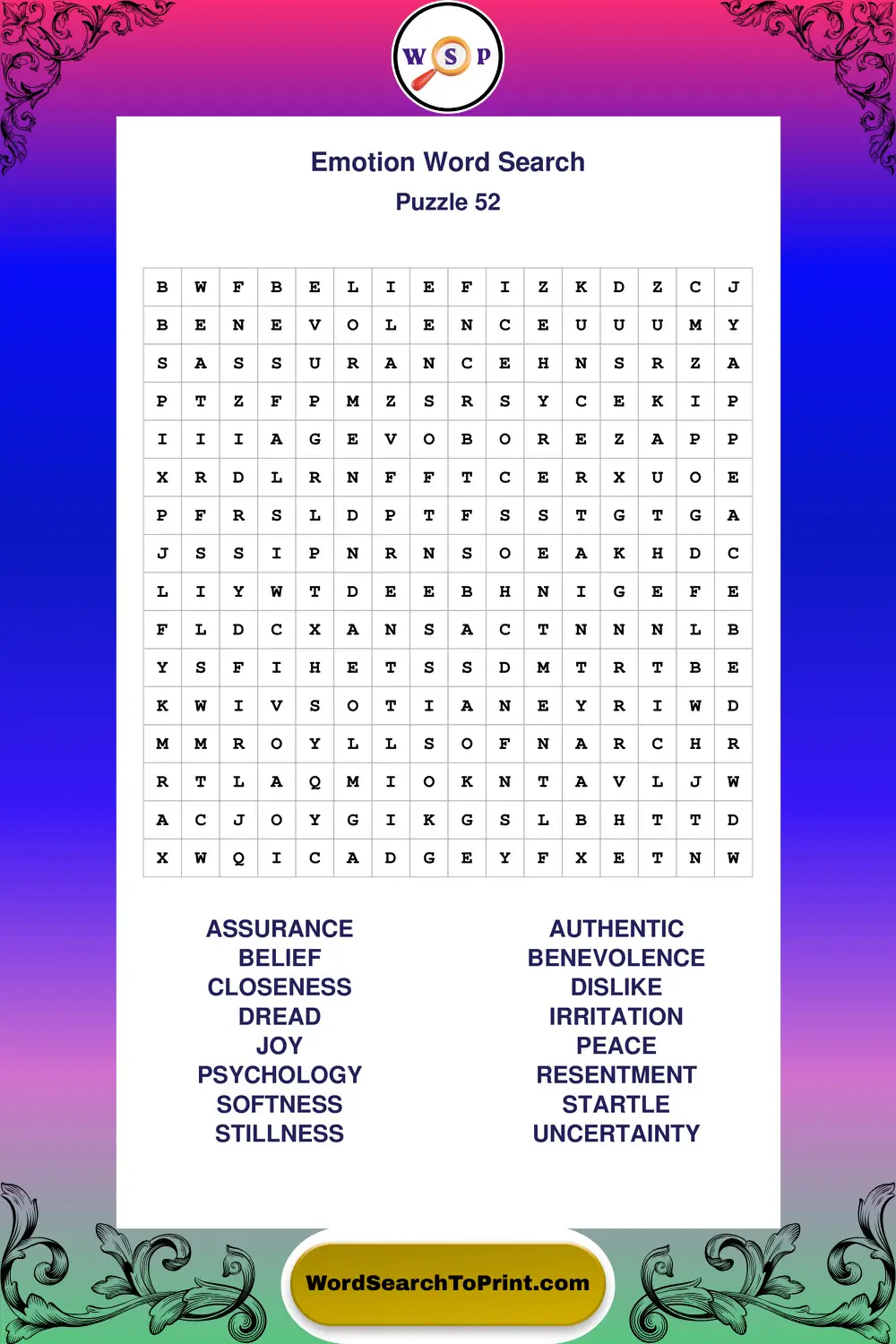 Emotion Word Search Puzzle 52