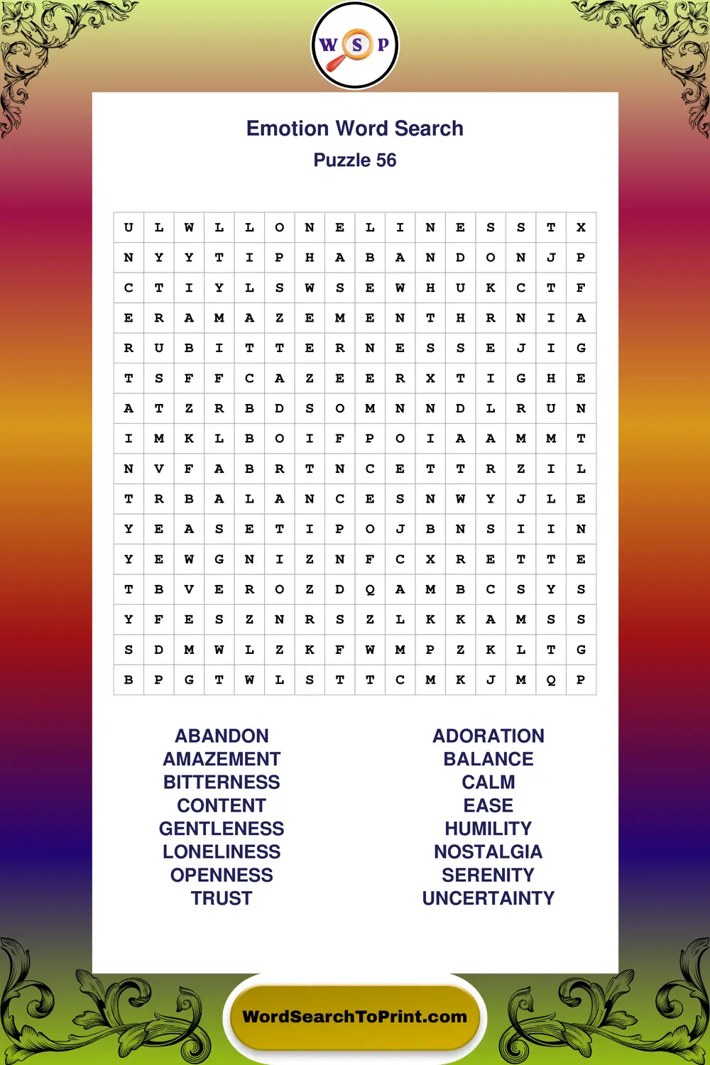 Emotion Word Search Puzzle 56