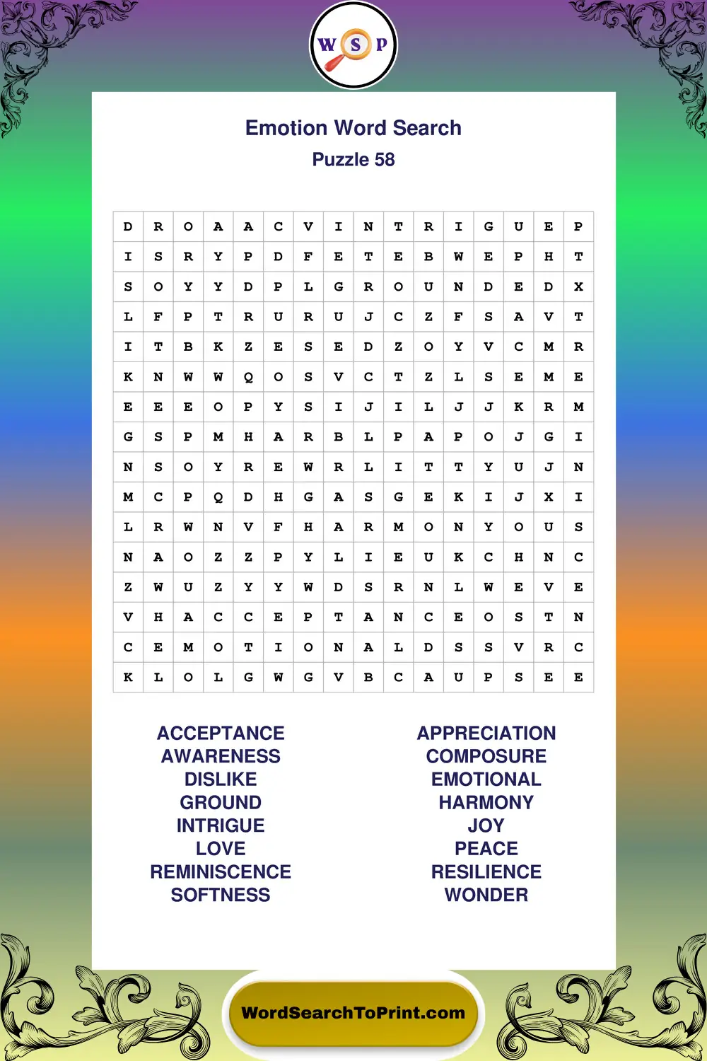 Emotion Word Search Puzzle 58