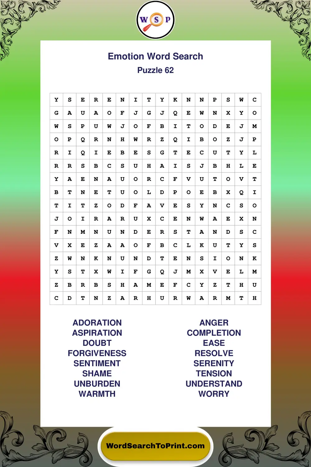 Emotion Word Search Puzzle 62