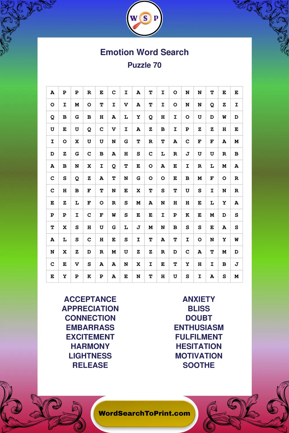 Emotion Word Search Puzzle 70