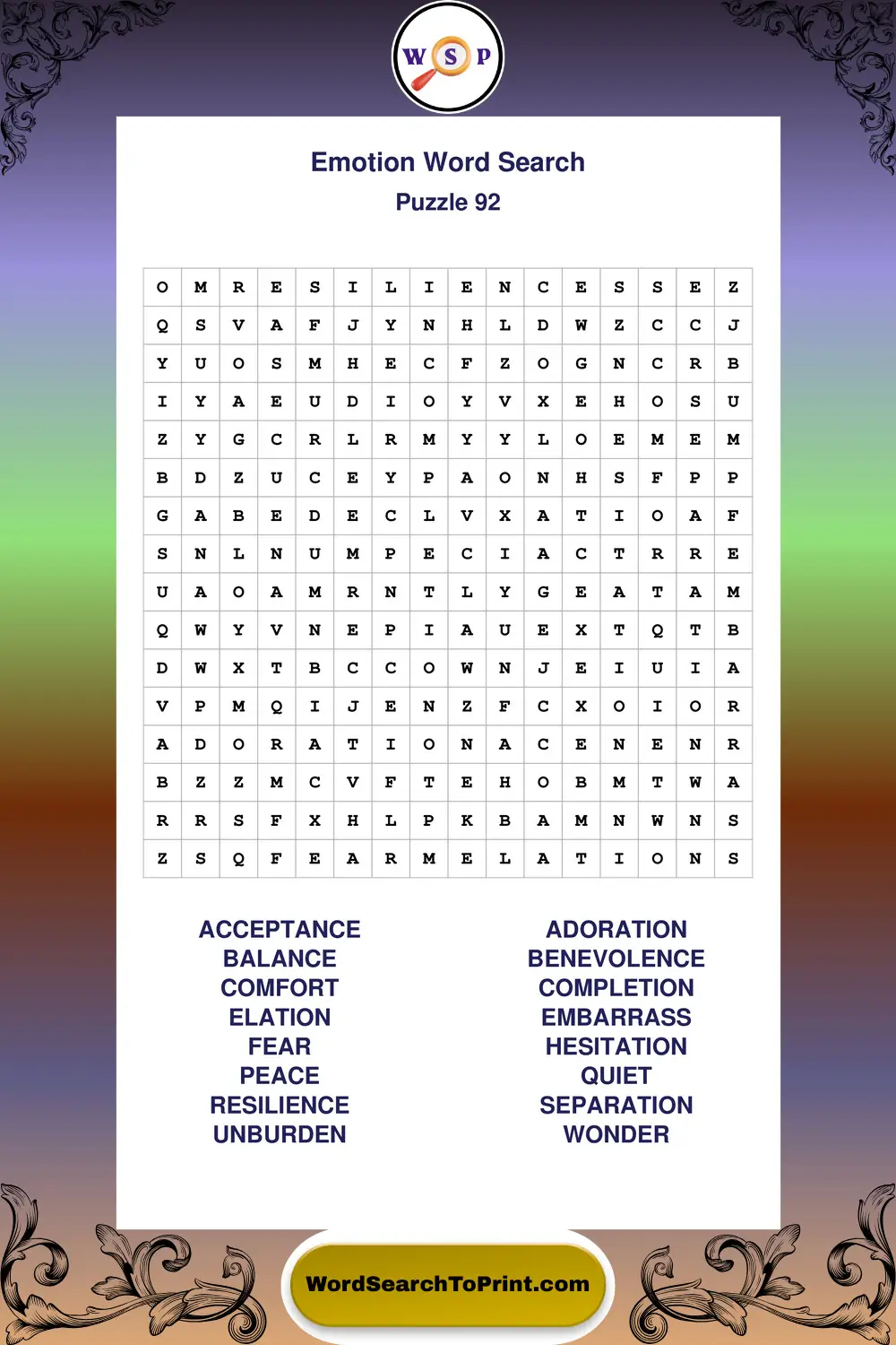 Emotion Word Search Puzzle 92
