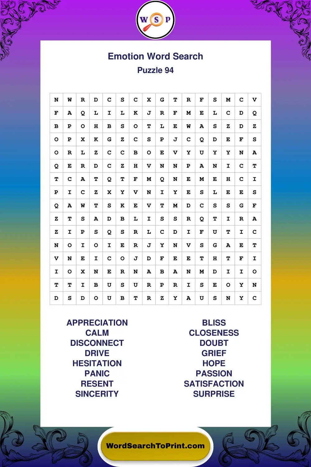 Emotion Word Search Puzzle 94