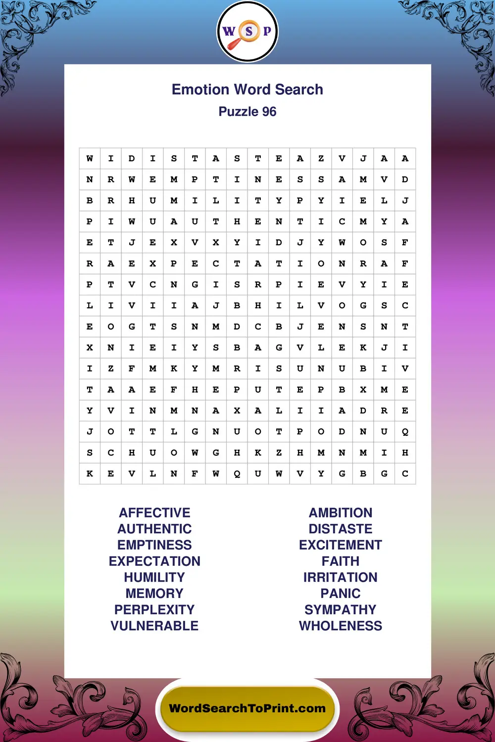 Emotion Word Search Puzzle 96