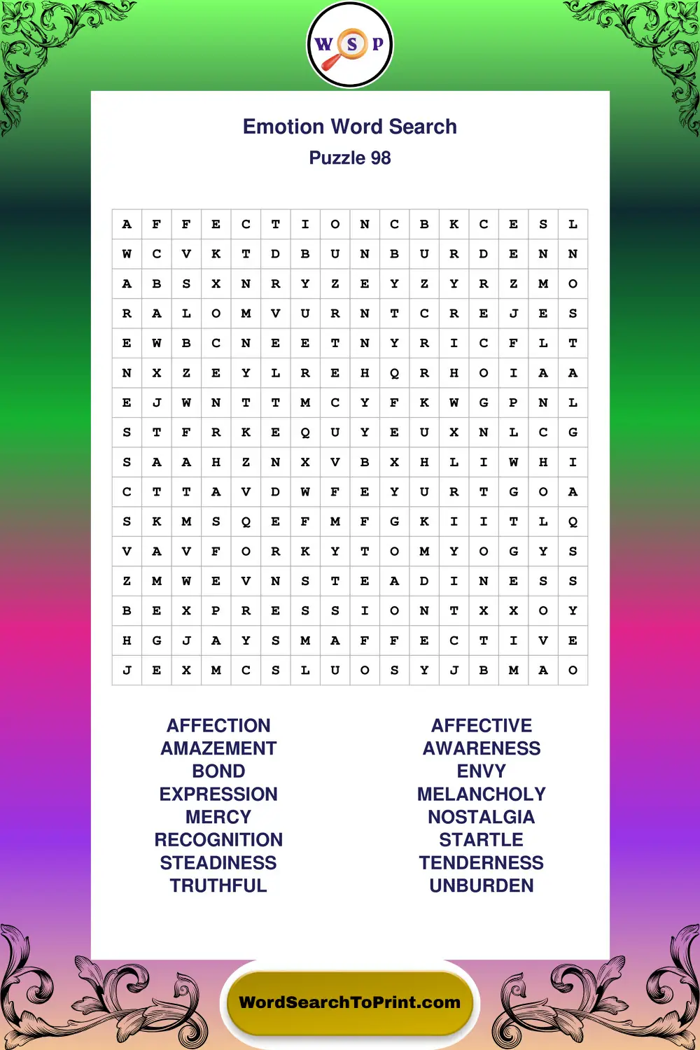 Emotion Word Search Puzzle 98