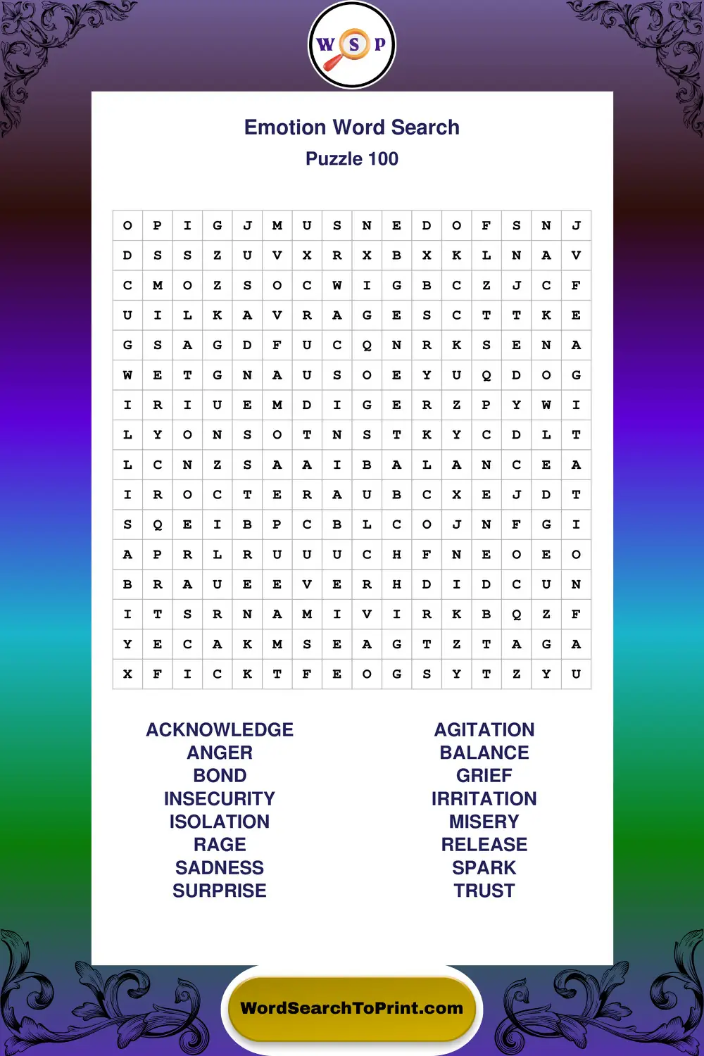Emotion Word Search Puzzle 100