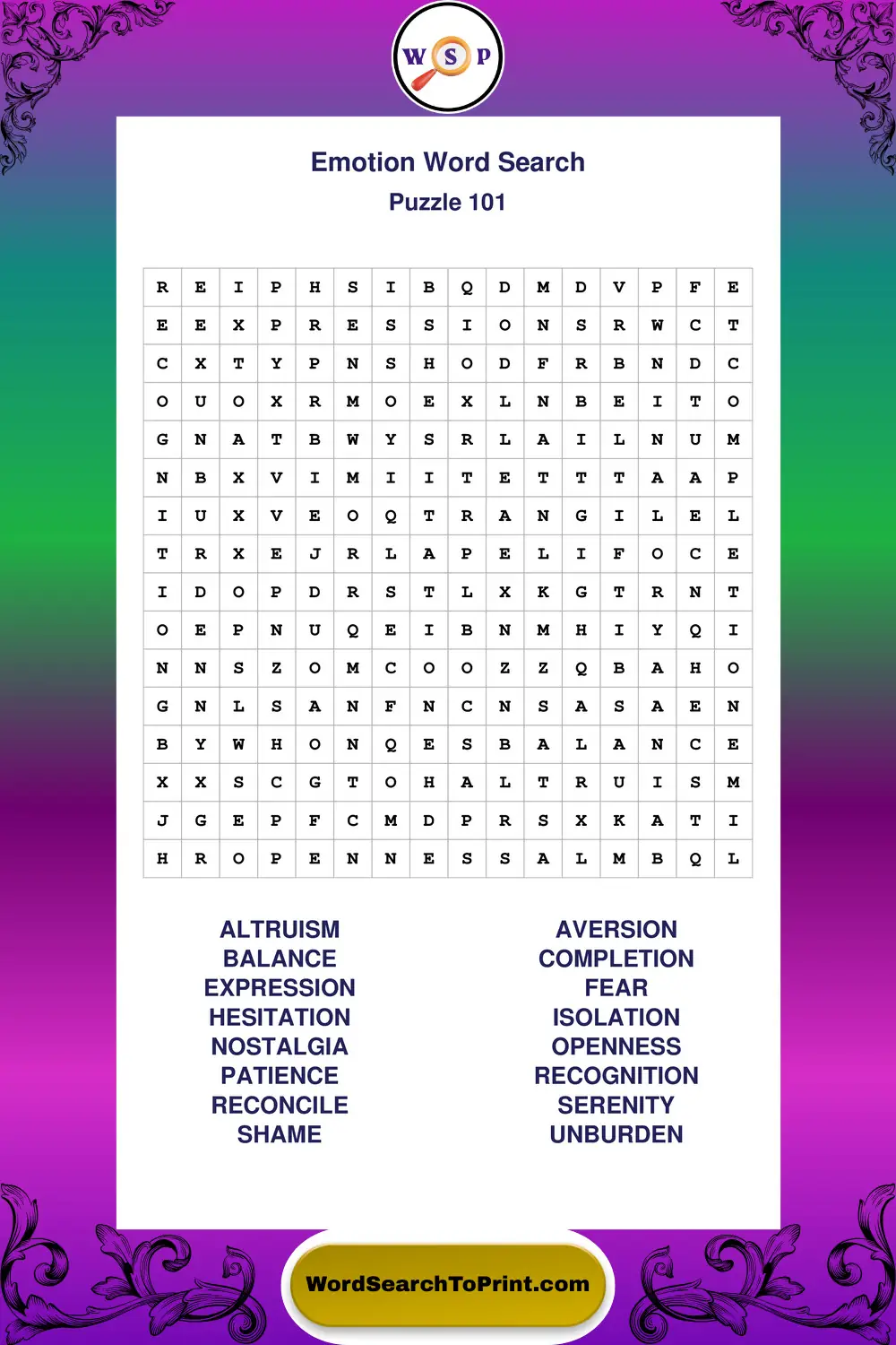 Emotion Word Search Puzzle 101