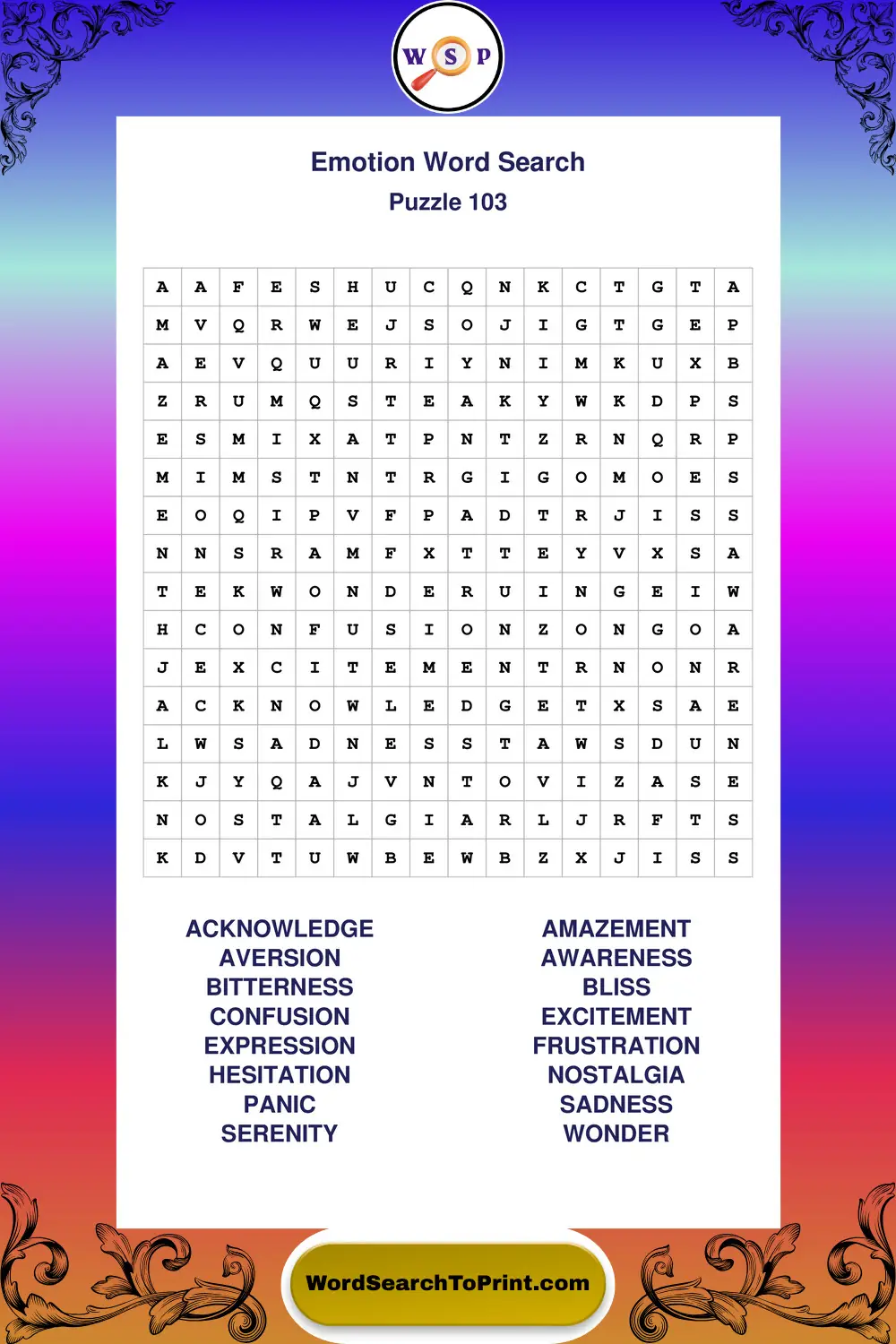 Emotion Word Search Puzzle 103