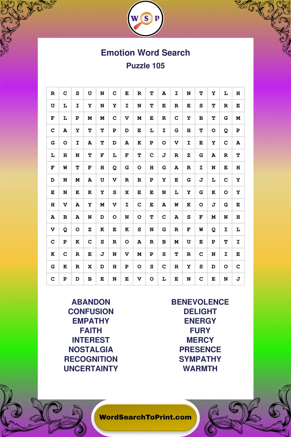 Emotion Word Search Puzzle 105