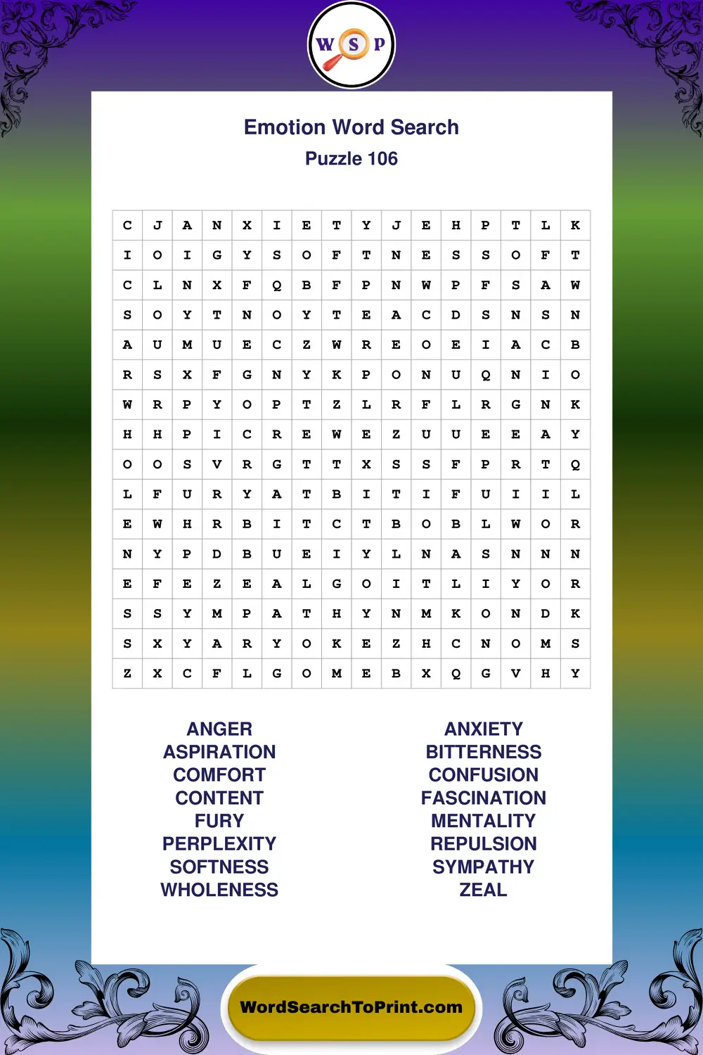 Emotion Word Search Puzzle 106